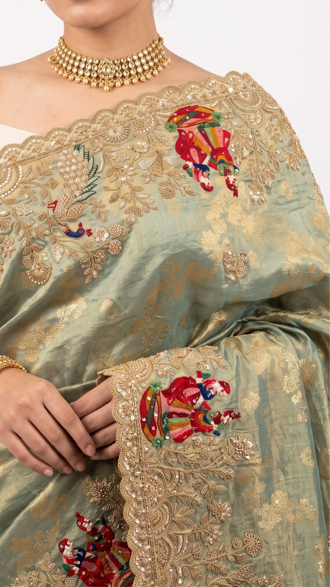 Sage Green Pure Tissue Banarasi Unstitched Saree with Sequins, Zari, Moti & Dori Work